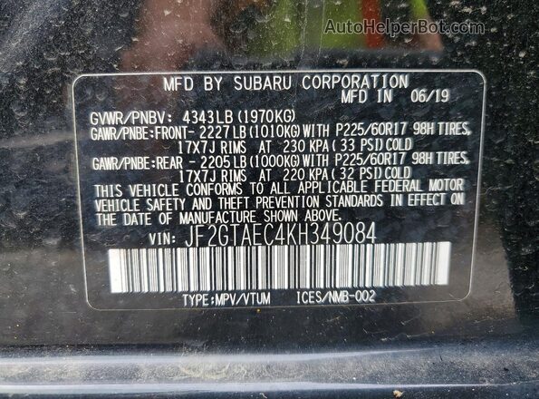 JF2GTAEC4KH349084 2019 SUBARU CROSSTREK Black VIN sticker view