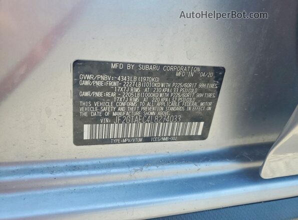 JF2GTAEC4L8274033 2020 SUBARU CROSSTREK Silver სალონის 360-გრადუსიანი ხედი