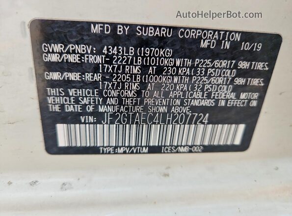 JF2GTAEC4LH207724 2020 SUBARU CROSSTREK White Widok wnętrza 360 stopni