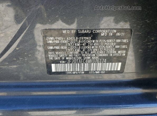 JF2GTAEC4MH376174 2021 SUBARU CROSSTREK Charcoal VIN კოდის სტიკერის ხედი
