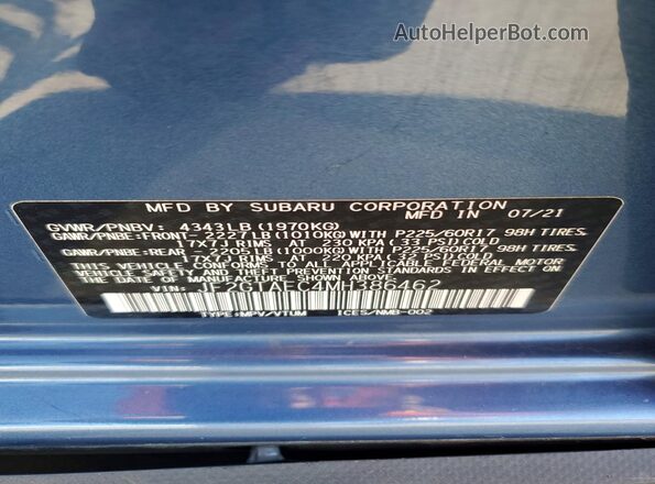 JF2GTAEC4MH386462 2021 SUBARU CROSSTREK Синий Вид подкапотного пространства