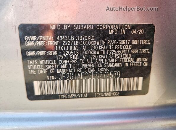 JF2GTAEC5L8272579 2020 SUBARU CROSSTREK Silver VIN კოდის სტიკერის ხედი