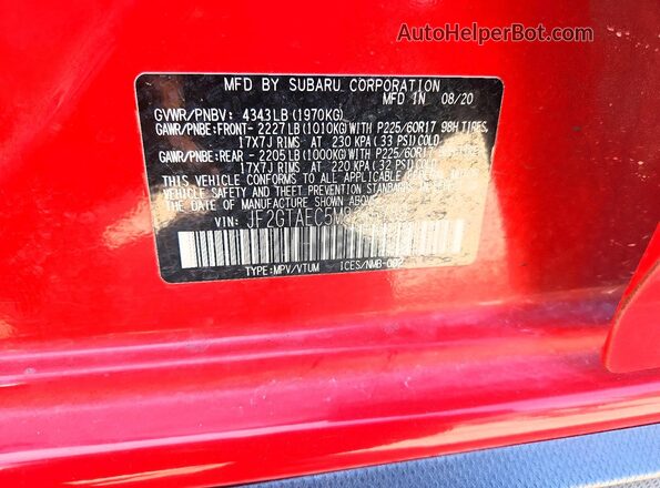 JF2GTAEC5M8246789 2021 SUBARU CROSSTREK Red Vista del compartimento del motor