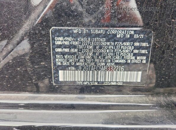 JF2GTAEC5M8332216 2021 SUBARU CROSSTREK Black VIN sticker view