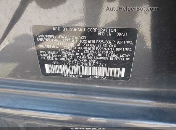 JF2GTAEC6M8657277 2021 SUBARU CROSSTREK Silver Շարժիչի բաժամունքի տեսք