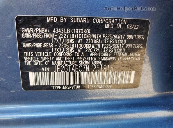 JF2GTAEC7NH251915 2022 SUBARU CROSSTREK Blue VIN sticker view