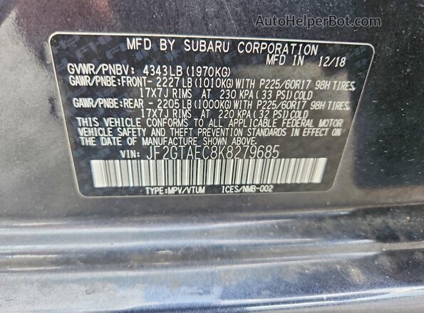 JF2GTAEC8K8279685 2019 SUBARU CROSSTREK Gray VIN sticker view