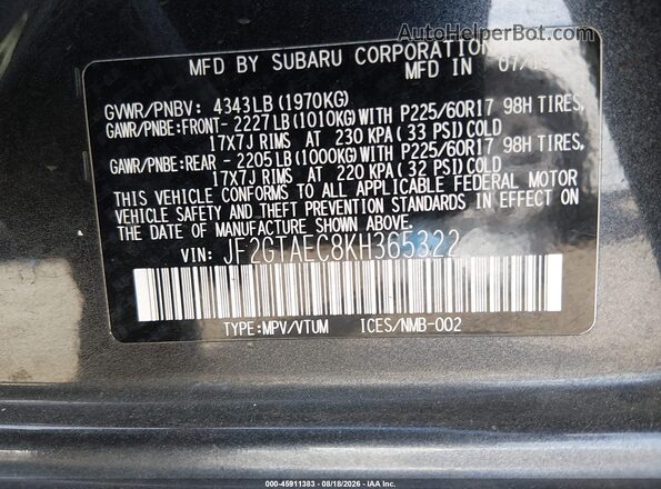 JF2GTAEC8KH365322 2019 SUBARU CROSSTREK Gray Vista del compartimento del motor