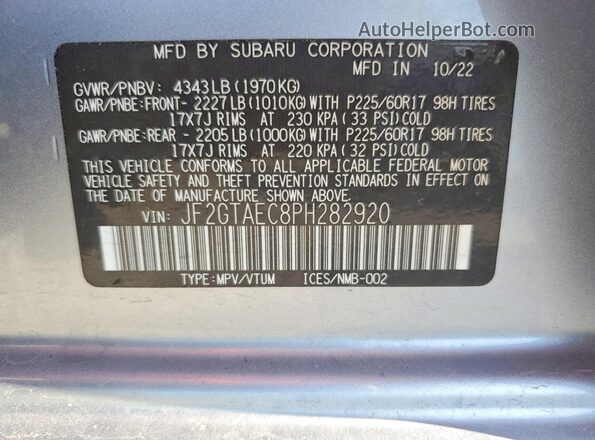 JF2GTAEC8PH282920 2023 SUBARU CROSSTREK Silver Widok wnętrza 360 stopni