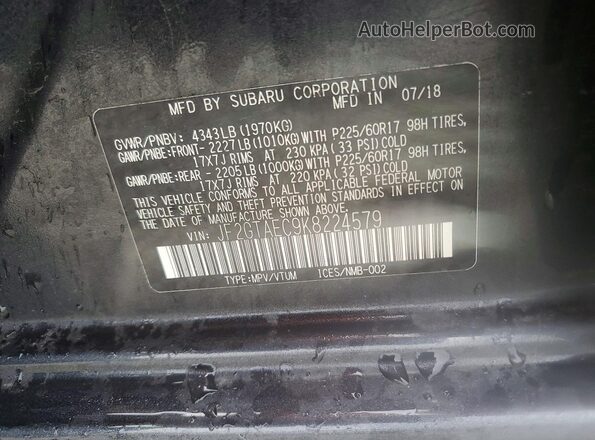 JF2GTAEC9K8224579 2019 SUBARU CROSSTREK Charcoal ძრავის განყოფილების ხედი