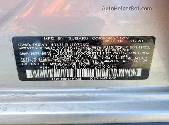 JF2GTAECXLH243305 2020 SUBARU CROSSTREK Серебряный Вид наклейки с VIN-кодом