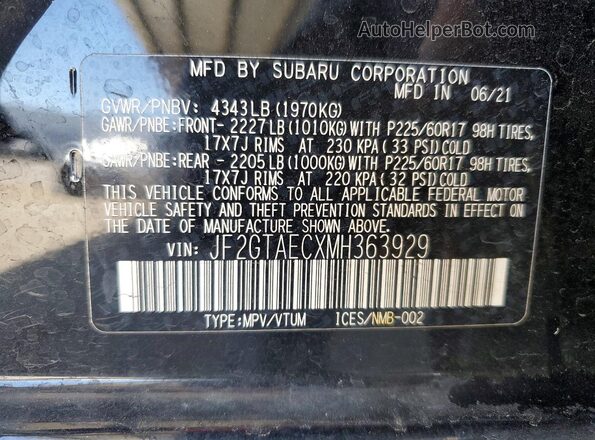 JF2GTAECXMH363929 2021 SUBARU CROSSTREK Black Շարժիչի բաժամունքի տեսք