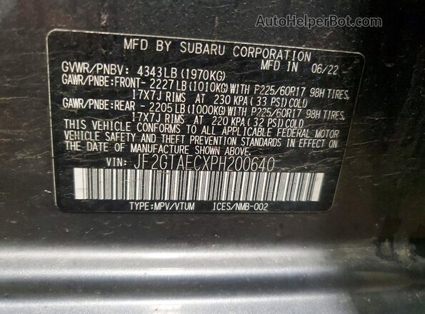 JF2GTAECXPH200640 2023 SUBARU CROSSTREK Серый Панорамный вид салона 360°