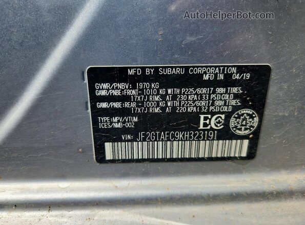 JF2GTAFC9KH323191 2019 SUBARU CROSSTREK Silver Vista del compartimento del motor