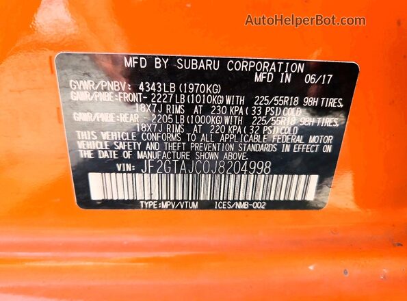 JF2GTAJC0J8204998 2018 SUBARU CROSSTREK Orange Вид наклейки з VIN-кодом