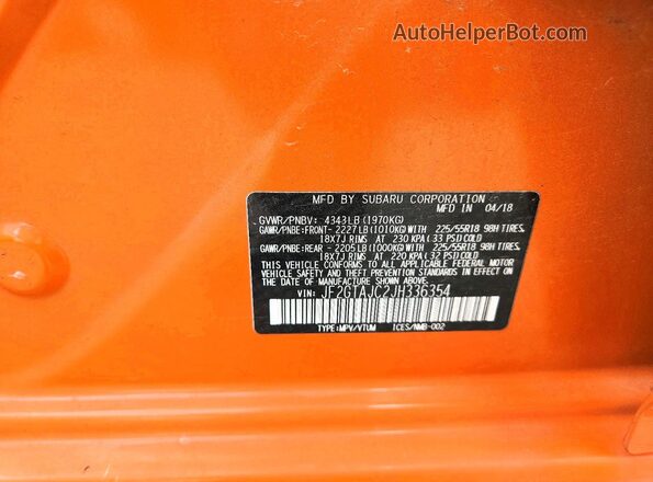 JF2GTAJC2JH336354 2018 SUBARU CROSSTREK Orange ძრავის განყოფილების ხედი