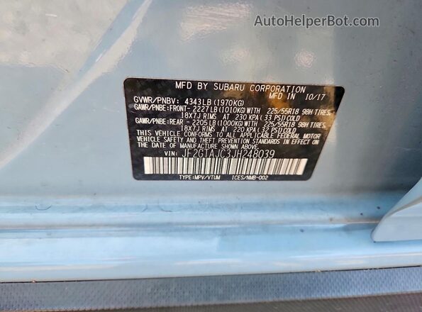 JF2GTAJC3JH248039 2018 SUBARU CROSSTREK Синий Вид наклейки с VIN-кодом