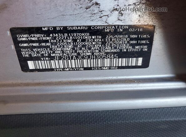 JF2GTAJC9JH305845 2018 SUBARU CROSSTREK Silver Սալոնի 360 աստիճան տեսք