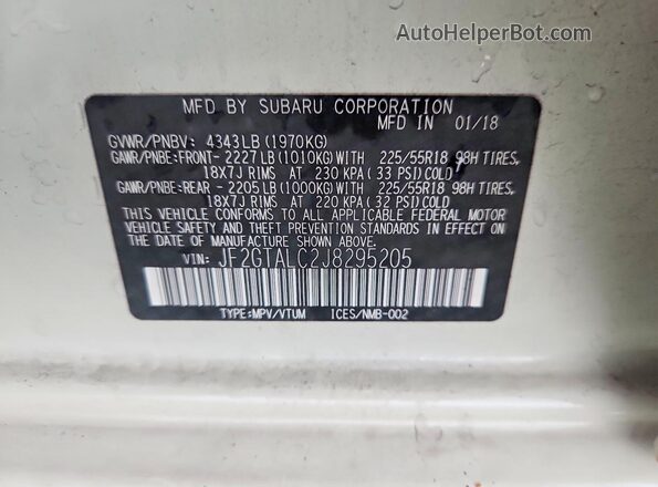 JF2GTALC2J8295205 2018 SUBARU CROSSTREK White Engine compartment view