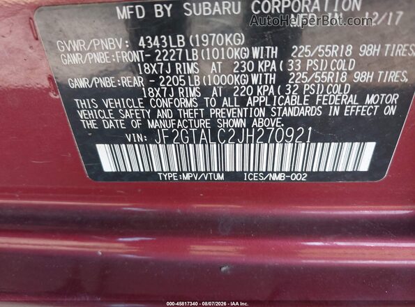 JF2GTALC2JH270921 2018 SUBARU CROSSTREK Red Widok komory silnika