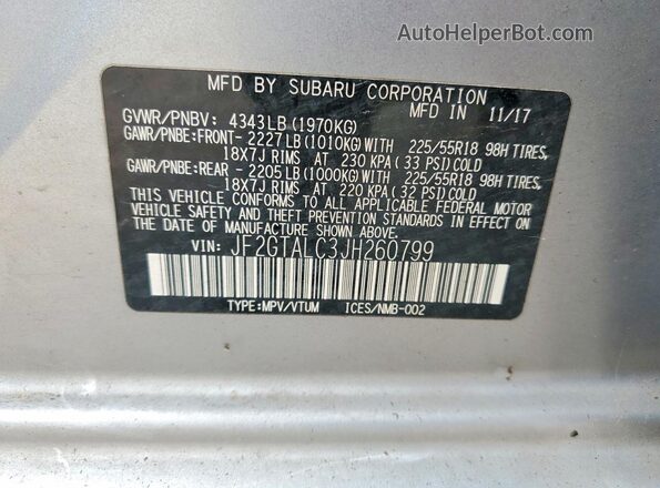 JF2GTALC3JH260799 2018 SUBARU CROSSTREK Серебряный Вид наклейки с VIN-кодом