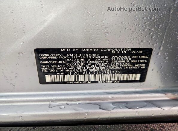 JF2GTALC3JH290272 2018 SUBARU CROSSTREK Silver Vista de la etiqueta del VIN