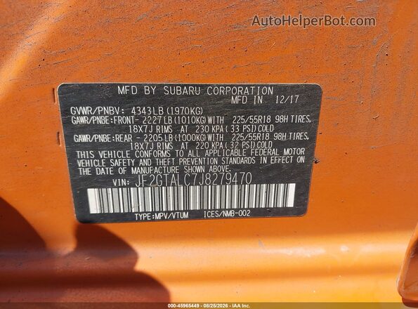 JF2GTALC7J8279470 2018 SUBARU CROSSTREK Orange Вид підкапотного простору