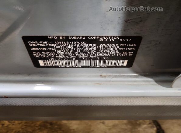 JF2GTALC7JH213176 2018 SUBARU CROSSTREK Blue Widok naklejki z numerem VIN