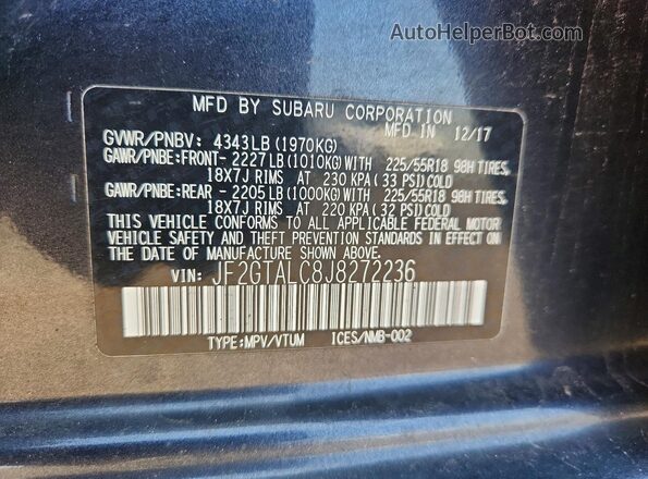JF2GTALC8J8272236 2018 SUBARU CROSSTREK Black Engine compartment view