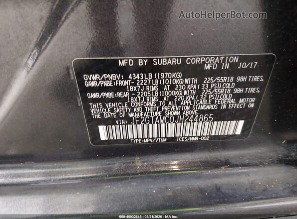 JF2GTAMC0JH244865 2018 SUBARU CROSSTREK Gray Вид підкапотного простору