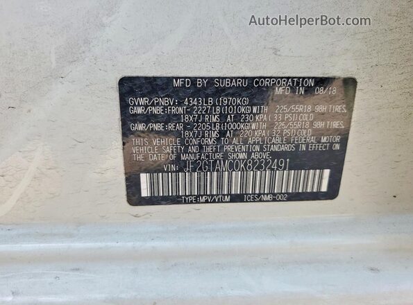 JF2GTAMC0K8232491 2019 SUBARU CROSSTREK White VIN კოდის სტიკერის ხედი