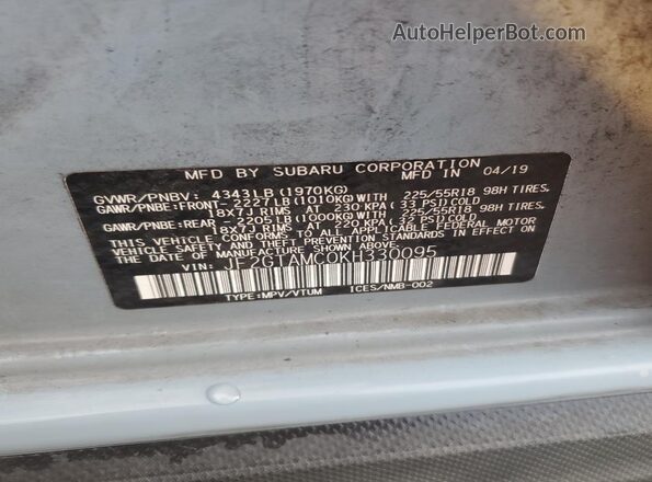 JF2GTAMC0KH330095 2019 SUBARU CROSSTREK Blue VIN կոդի պիտակի տեսք