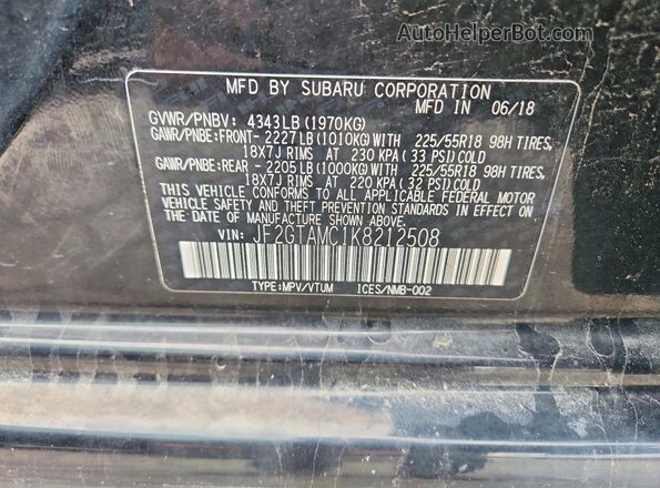 JF2GTAMC1K8212508 2019 SUBARU CROSSTREK Black Vista de la etiqueta del VIN