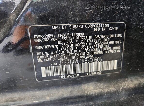 JF2GTAMC1K8300605 2019 SUBARU CROSSTREK Black Widok naklejki z numerem VIN
