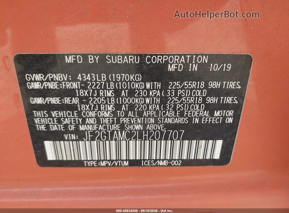 JF2GTAMC2LH207707 2020 SUBARU CROSSTREK Оранжевый Вид подкапотного пространства