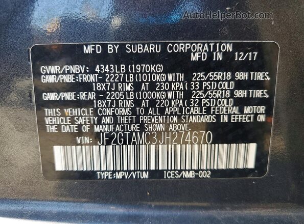 JF2GTAMC3JH274670 2018 SUBARU CROSSTREK Gray VIN կոդի պիտակի տեսք