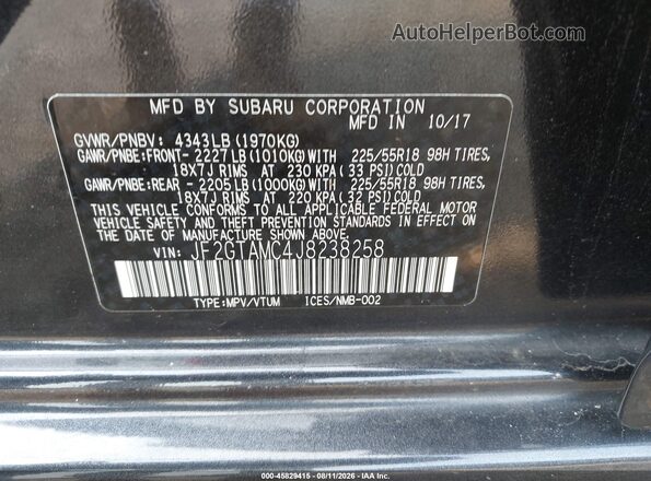 JF2GTAMC4J8238258 2018 SUBARU CROSSTREK Gray Engine compartment view