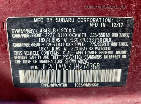 JF2GTAMC4JH274368 2018 SUBARU CROSSTREK Red Շարժիչի բաժամունքի տեսք