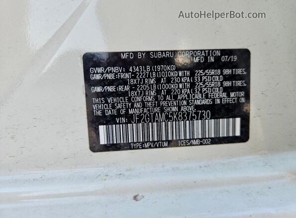 JF2GTAMC5K8375730 2019 SUBARU CROSSTREK White Widok naklejki z numerem VIN