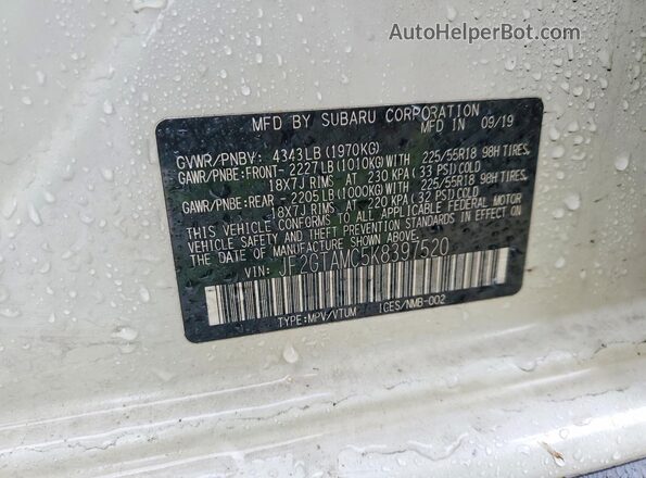 JF2GTAMC5K8397520 2019 SUBARU CROSSTREK White Вид наклейки з VIN-кодом