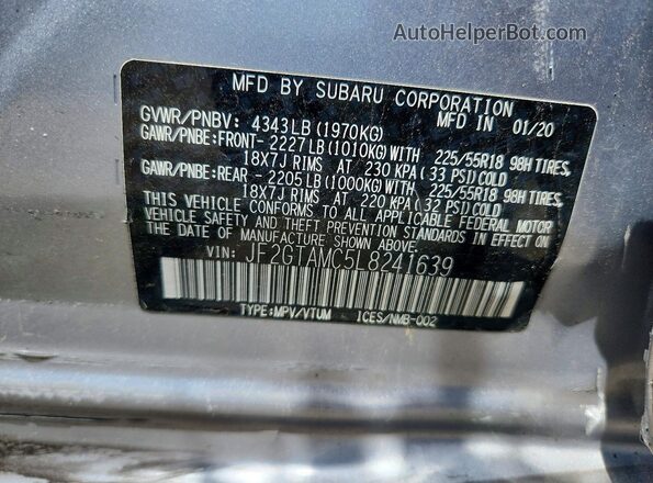 JF2GTAMC5L8241639 2020 SUBARU CROSSTREK Silver Vista de la etiqueta del VIN