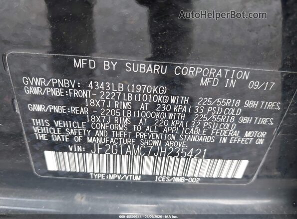 JF2GTAMC7JH235421 2018 SUBARU CROSSTREK Black Engine compartment view