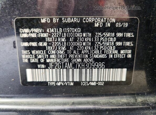 JF2GTAMC7KH309986 2019 SUBARU CROSSTREK Gray VIN կոդի պիտակի տեսք