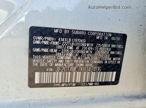 JF2GTAMC7KH342406 2019 SUBARU CROSSTREK Белый Вид наклейки с VIN-кодом