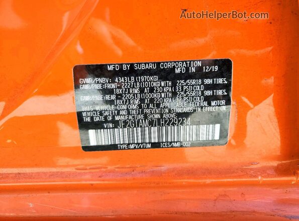 JF2GTAMC7LH229234 2020 SUBARU CROSSTREK Оранжевый Вид наклейки с VIN-кодом