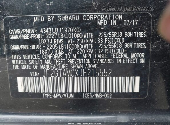 JF2GTAMCXJH215552 2018 SUBARU CROSSTREK Black Engine compartment view