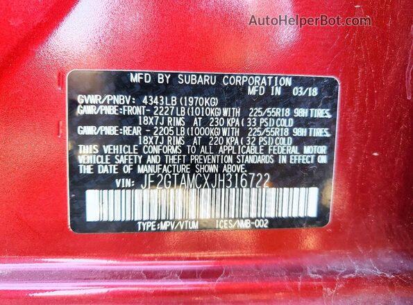 JF2GTAMCXJH316722 2018 SUBARU CROSSTREK Red Սալոնի 360 աստիճան տեսք