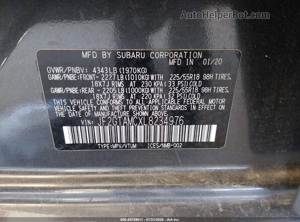 JF2GTAMCXL8234976 2020 SUBARU CROSSTREK Blue ძრავის განყოფილების ხედი