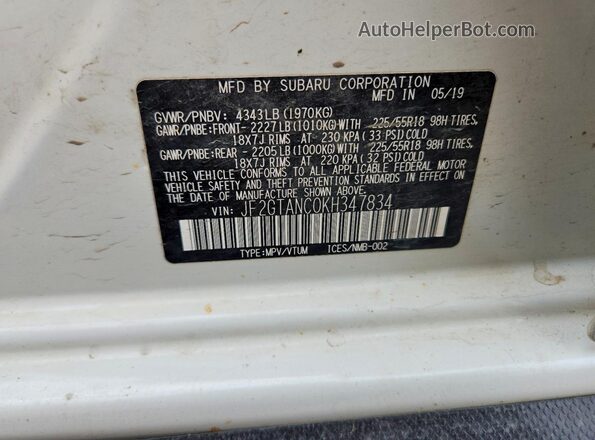 JF2GTANC0KH347834 2019 SUBARU CROSSTREK White Widok naklejki z numerem VIN