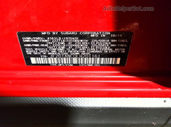 JF2GTANC0LH201161 2020 SUBARU CROSSTREK Красный Вид подкапотного пространства